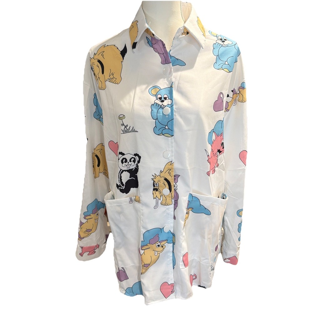Fashion Gossip "Lazy Oaf" Print Y2K Shirt Cartoon Animals. Blue Yellow Pink XL